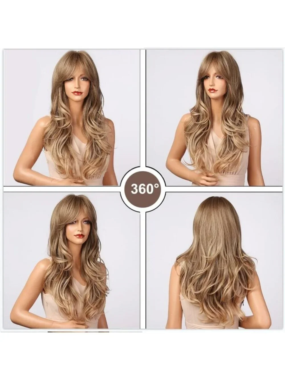 24IN Long Wavy Ash Blonde Wig with Bangs - Synthetic Hair for Women